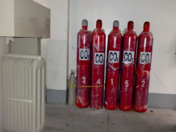 Row of red CO2 fire suppression cylinders in a room